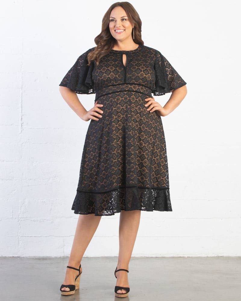 Front of a model wearing a size 0X Middleton Lace Dress in BLACK/CINNAMON by Kiyonna. | dia_product_style_image_id:287666